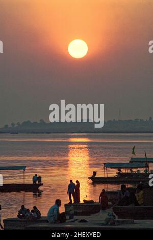 Sunset on the bank river Narmada  at Maheshwar Stock Photo