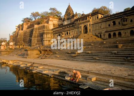 Maheshwar Ghat on the bank of holy River Narmada in early morning light Stock Photo