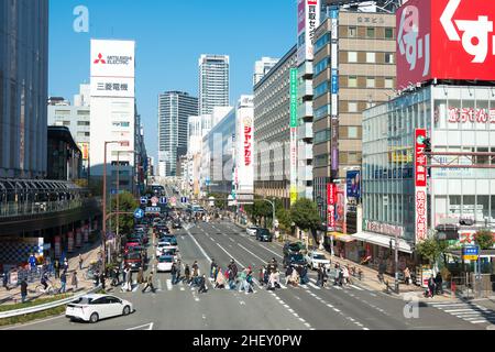 Osaka, Japan - Jan 03 2022- Cityscape near Osaka Station in Umeda, Kita-ku, Osaka, Japan. Stock Photo