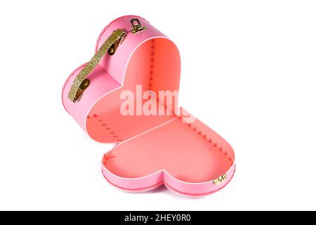 Pink open heart shaped Valentine's day suitcase on white background Stock Photo