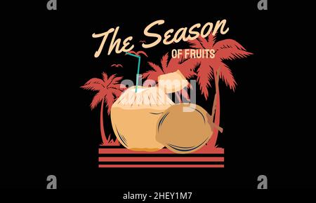 the season of fruits coconut summer design t-shirt monogram text vector template Stock Vector