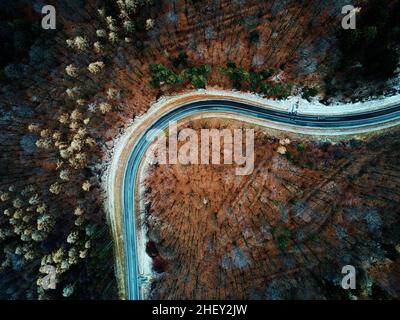 Winding road through forest, landscape with curvy highway among countryside, aerial view Stock Photo