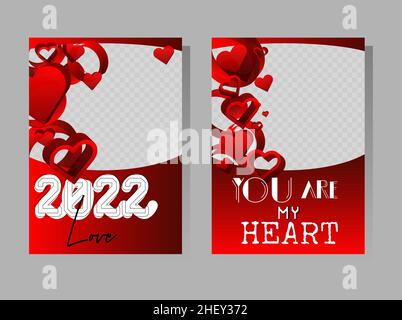 Red love presentations templates with hearts for 2022. Design with romantic phrases. Valentines day, wedding typography for leaflet, book, poster, fly Stock Vector