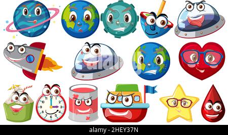 Set of different toy objects with smiley faces illustration Stock Vector