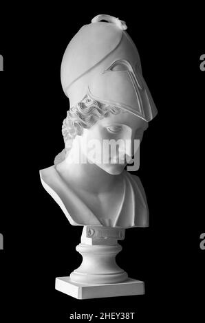 Minerva roman goddess of wisdom and strategic warfare, justice, law, victory, and the sponsor of arts, trade, and strategy. Antique bust isolated on a Stock Photo