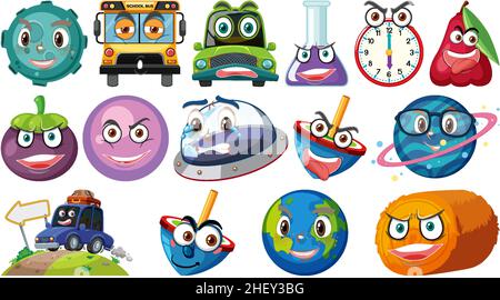 Set of different toy objects with smiley faces illustration Stock Vector