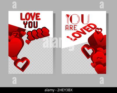 Red love presentations templates with hearts for 2022. Design with romantic phrases. Valentines day, wedding typography for leaflet, book, poster, fly Stock Vector