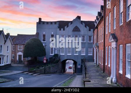 The Ancient Medieval Gate known as Broad Gate in Winter at Dawn. Ludlow, Shropshire, England Stock Photo