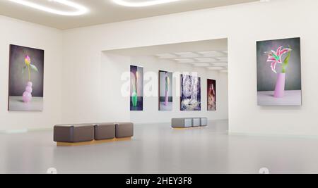 An art gallery with canvas and plastics, 3D illustration Stock Photo