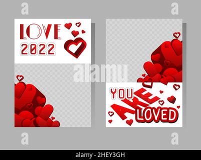 Red love presentations templates with hearts for 2022. Design with romantic phrases. Valentines day, wedding typography for leaflet, book, poster, fly Stock Vector