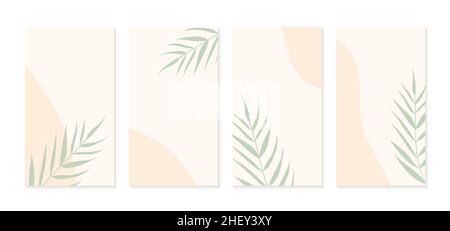 Neutral instagram stories minimal templates. Vector set of vertical abstract trendy backgrounds with palm leaves and organic shapes Stock Vector