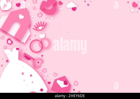 Wedding day. Wedding timeline. Church, I do, Toast. Dance. Happe Valentine s day. Happy holidays and honeymoon in paper cut style. Space for text Stock Vector