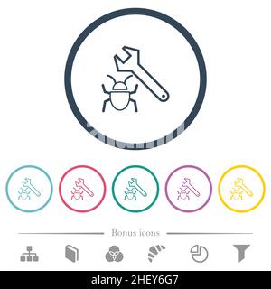 Bug fixing outline flat color icons in round outlines. 6 bonus icons included. Stock Vector