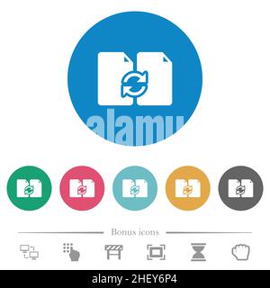Swap documents solid flat white icons on round color backgrounds. 6 bonus icons included. Stock Vector