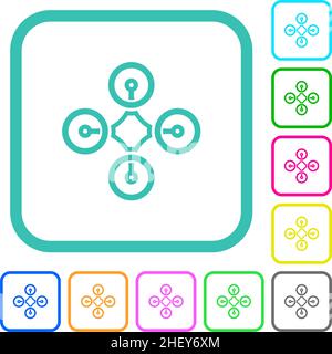 Drone top view outline vivid colored flat icons in curved borders on white background Stock Vector