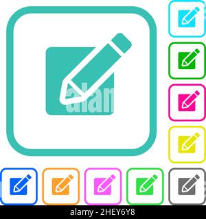 Editing box with pencil solid vivid colored flat icons in curved borders on white background Stock Vector