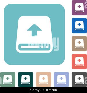 Upload from hard disk white flat icons on color rounded square backgrounds Stock Vector