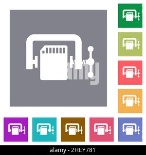 SD memory card compress solid flat icons on simple color square backgrounds Stock Vector