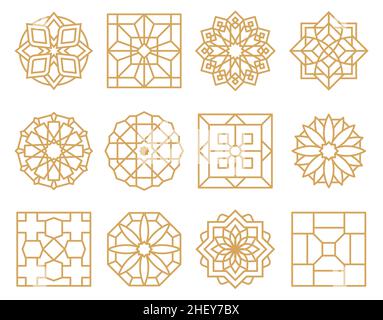 Abstract oriental muslim arabic golden framed emblems. Traditional ornamental arabic luxury frames vector illustration set. Oriental style gold Stock Vector