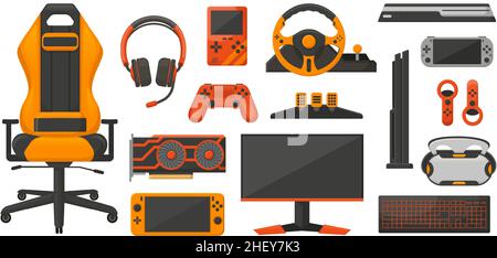 Gaming Accessories And Professional It Equipment Set Headset With Mic Gaming  Chair Monitor Steering Wheel Virtual Reality Glasses Playing Joystick Video  Console Headphone Mouse Stock Illustration - Download Image Now - iStock