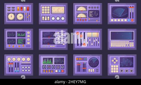 Retro control panels, spacecraft dashboard with dials, tuners and levers. Old computer interface elements isolated vector illustration set. Control pa Stock Vector