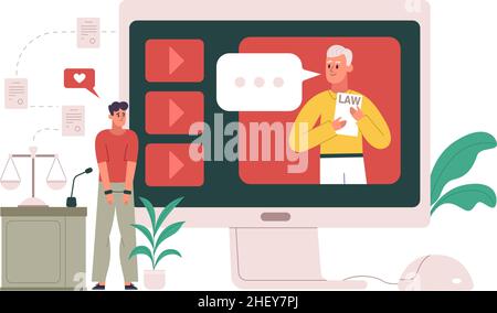 Online lawyer service, mobile app or law consultation platform. Professional lawyer service, online trial process vector illustration. Judgement and Stock Vector