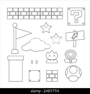 Vector flat birthday invitation with super mario. Doodle-style background template. Illustration with elements for the game Stock Vector
