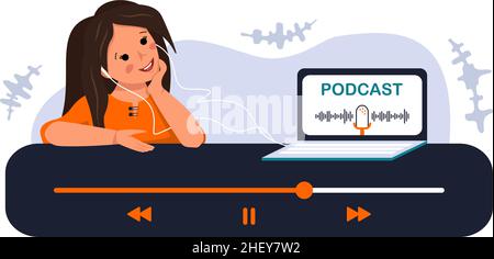Girl with happy face listen podcast or music. Soundtrack recording on computer. Child with headphones learn by listening audio. Modern system education for kids in the Internet. Vector illustration Stock Vector
