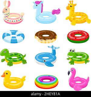 Cartoon swim rings, pool games rubber toys, colorful lifebuoys. Swimming circles, cute pool watermelon, donut and duck toys vector illustration set Stock Vector