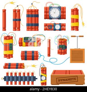 Dynamite sticks, explosive bombs with timer clock detonator. Explosive dangerous bombs and dynamite checkers vector illustration set. Pyrotechnics Stock Vector
