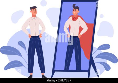 Man see super hero reflection in mirror, ambition and self confident concept. Dreamy person, self motivation, self esteem human vector illustration Stock Vector