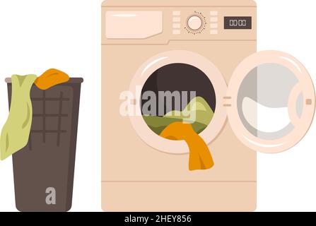 Washing machine icon and basket for dirty clothes. Front view of appliances in the bathroom. Vector flat illustration Stock Vector
