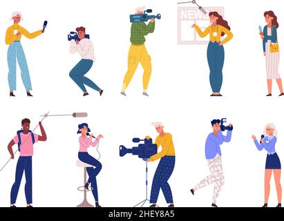 Journalists characters, reporters, videographers and news presenter scenes. TV reporters, bloggers and newsmakers team vector illustration set Stock Vector