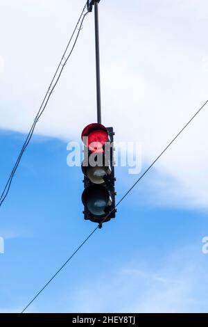 overhead traffic light under blue sky Stock Photo