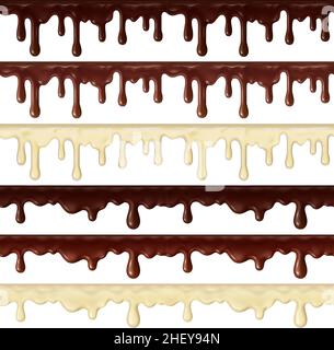 Realistic sweet chocolate dripping, flowing hot chocolate borders. Delicious chocolate drips, liquid frosting streams vector illustration set Stock Vector