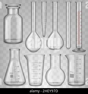 Realistic laboratory glassware, glass test tubes beaker and flask. Chemical laboratory transparent glass 3d equipment vector illustration set Stock Vector