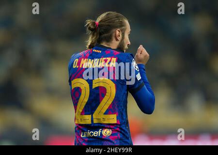 Ukraine, Kyiv - 02 November 2021. Oscar Mingueza (FC Barcelona) during the match between FC Dynamo Kyiv and FC Barcelona, NSC Olympiyskiy Stock Photo