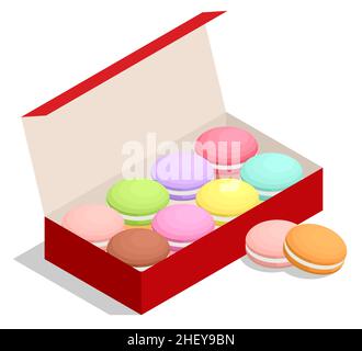 Isometric box with colourful macaroons. Dessert. French macaroon cake. Stock Vector