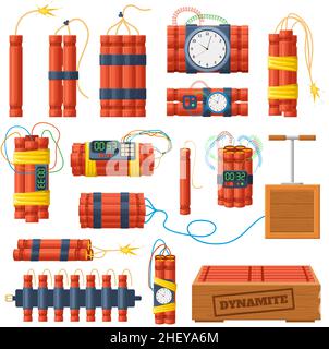 Dynamite sticks, explosive bombs with timer clock detonator. Explosive dangerous bombs and dynamite checkers vector illustration set. Pyrotechnics Stock Vector
