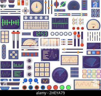 Control panel elements, buttons dials, tuners and connection ports. Retro control panel interface elements vector illustration set. Electronic Stock Vector