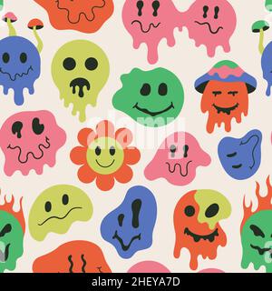 Melting smiling faces, dripping groovy retro seamless pattern. Retro dripping doodle smile face vector background illustration. Psychedelic groovy Stock Vector