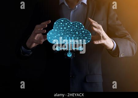 Cloud technology. Polygonal wireframe cloud storage sign with data collection icon on dark blue. Cloud computing, big data center, future infrastructu Stock Photo