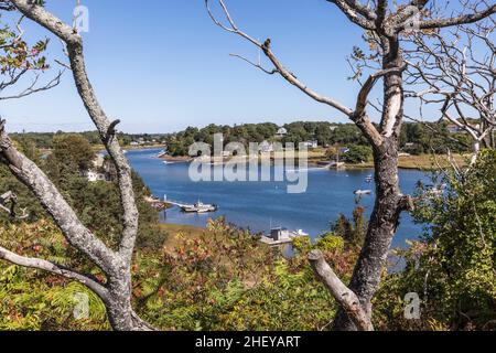 aerial view to the lakes around Gloucester with boats at the shore seen from yankee division highway Stock Photo