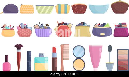 Cosmetic bag icons set cartoon vector. Accessory barber. Beauty pouch Stock Vector