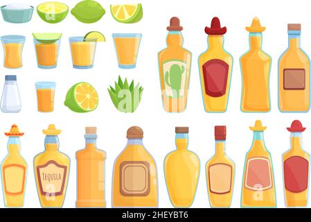 Tequila icons set cartoon vector. Mexico alcohol. Coctail shot Stock Vector
