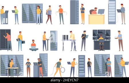 System administrator icons set cartoon vector. Maintenance server. Data computer Stock Vector