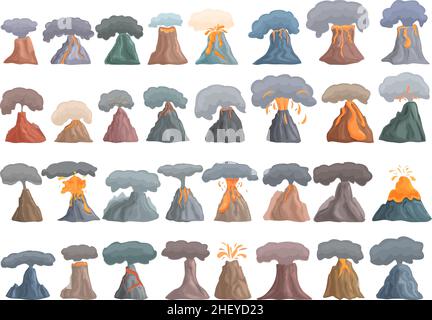 Volcanic eruption icons set cartoon vector. Volcano adventure. Climb active Stock Vector