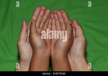 The hand gesture of mother holding child's hand facing up isolated on green background Stock Photo
