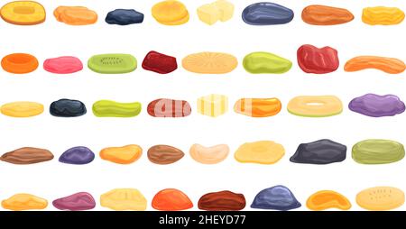 Dried fruits icons set cartoon vector. Apricot fig. Food pineapple Stock Vector