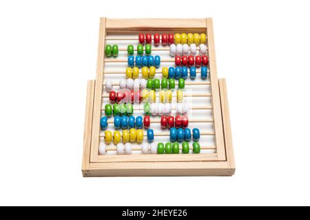 School abacus with colorful beads isolated and cut out on white color background. Calculate, count, children math class Stock Photo